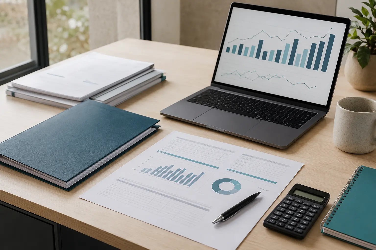 Documentos, planillas y herramientas de gestión contable organizadas sobre una mesa de trabajo