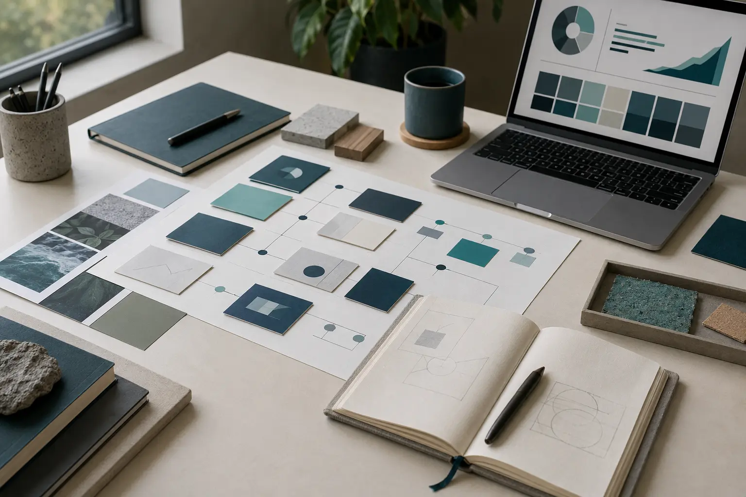 Mesa de trabajo con planificación, gráficos y materiales para formular un proyecto empresarial